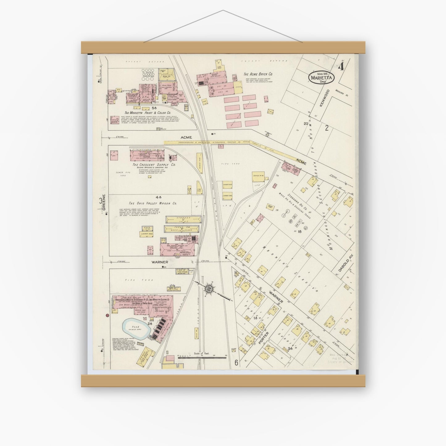 Old map wall art mockup — magnetic wood frame on white wall — Sanborn Fire Insurance Map from Marietta, Washington County, Ohio (1915), Sheet #0004