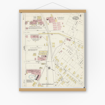 Old map wall art mockup — magnetic wood frame on white wall — Sanborn Fire Insurance Map from Marietta, Washington County, Ohio (1915), Sheet #0004
