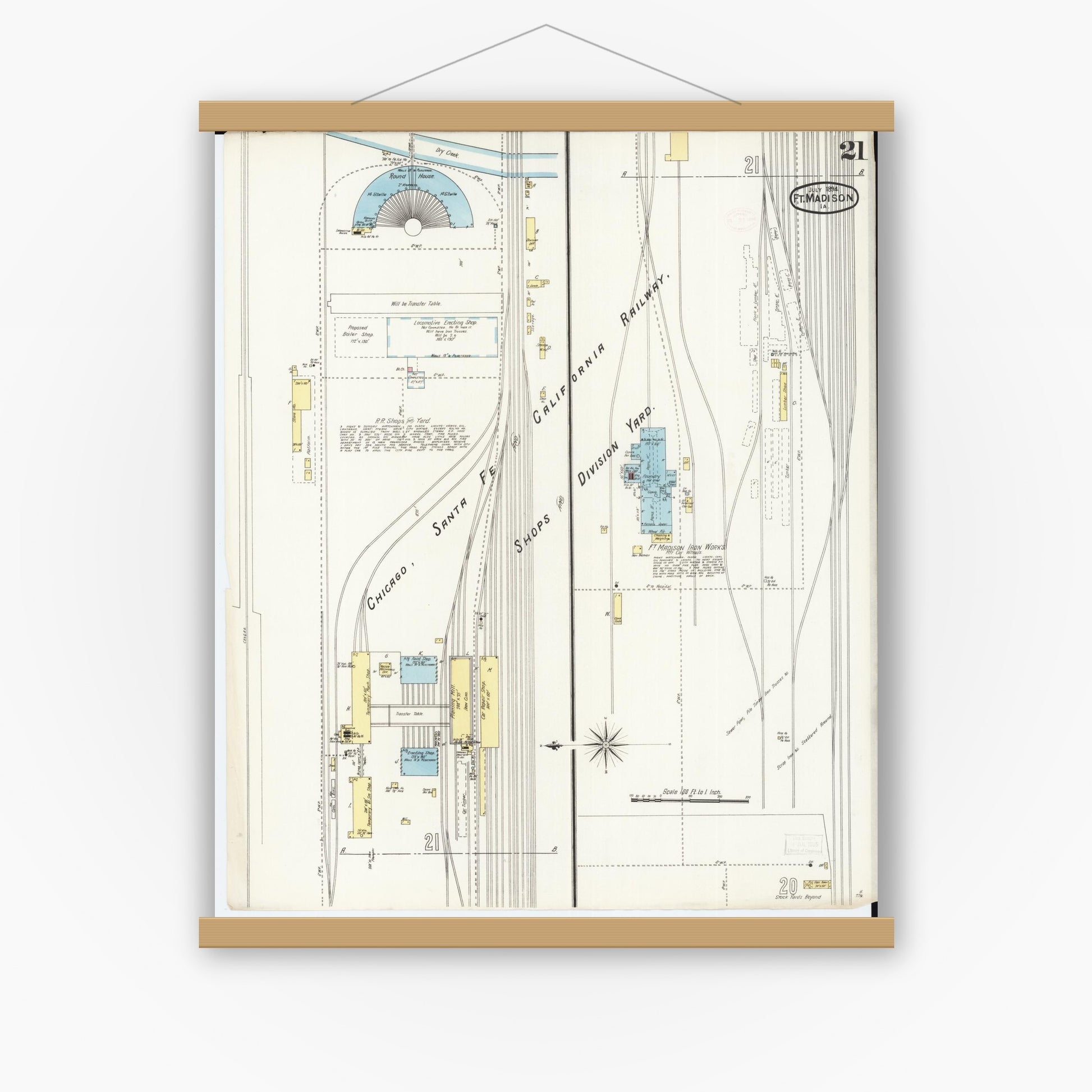 Old map wall art mockup — magnetic wood frame on white wall — Sanborn Fire Insurance Map from Fort Madison, Lee County, Iowa (1894), Sheet #0021