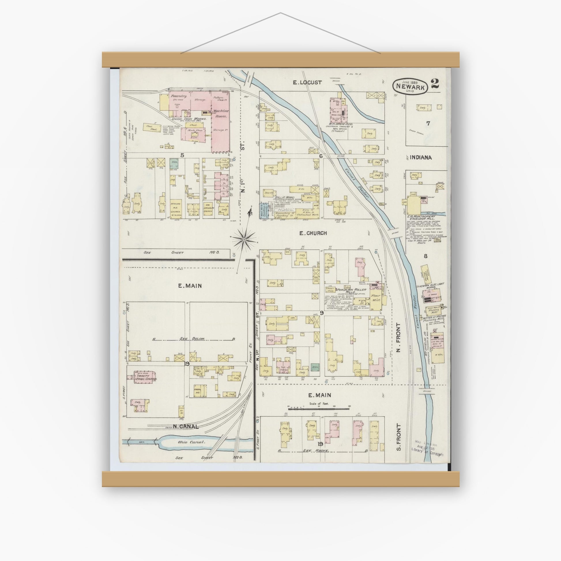 Old map wall art mockup — magnetic wood frame on white wall — Sanborn Fire Insurance Map from Newark, Licking County, Ohio (1889), Sheet #0002