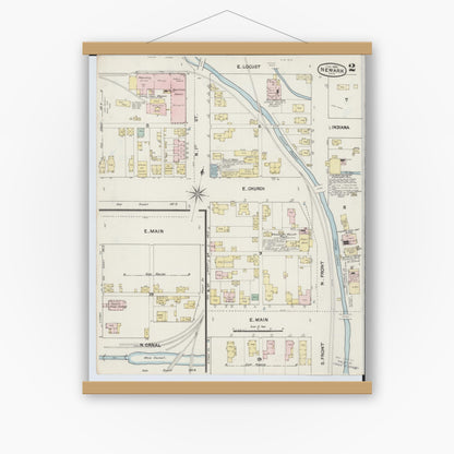 Old map wall art mockup — magnetic wood frame on white wall — Sanborn Fire Insurance Map from Newark, Licking County, Ohio (1889), Sheet #0002