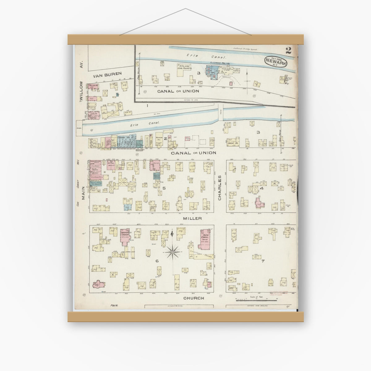 Old map wall art mockup — magnetic wood frame on white wall — Sanborn Fire Insurance Map from Newark, Wayne County, New York (1885), Sheet #0002