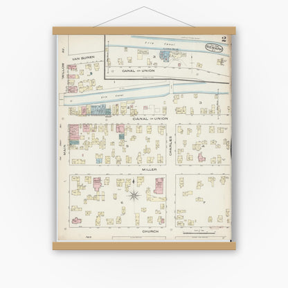 Old map wall art mockup — magnetic wood frame on white wall — Sanborn Fire Insurance Map from Newark, Wayne County, New York (1885), Sheet #0002