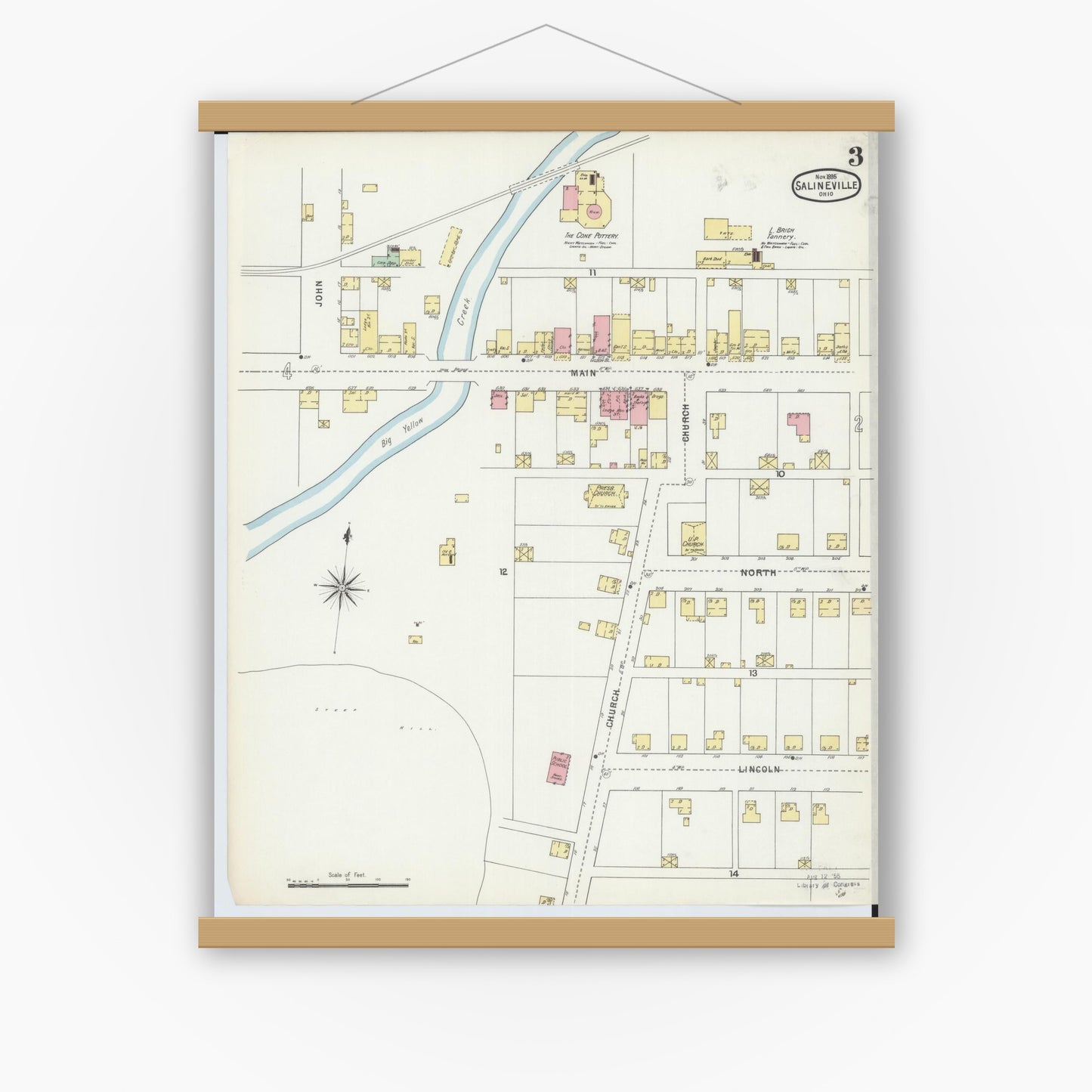 Old map wall art mockup — magnetic wood frame on white wall — Sanborn Fire Insurance Map from Salineville, Columbiana County, Ohio (1895), Sheet #0003