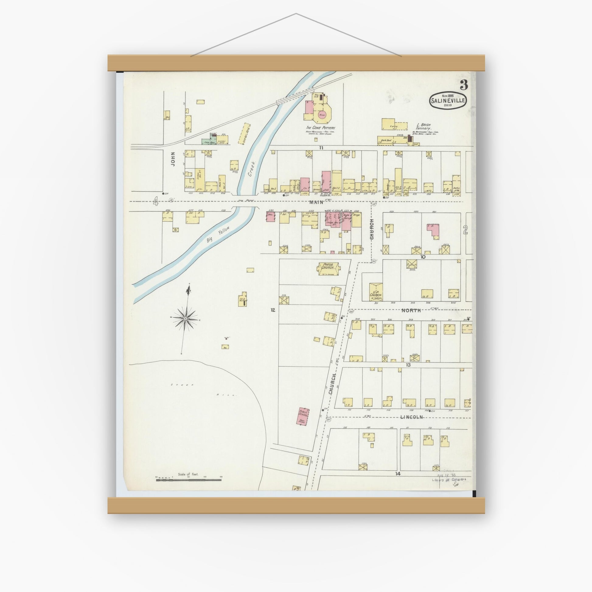 Old map wall art mockup — magnetic wood frame on white wall — Sanborn Fire Insurance Map from Salineville, Columbiana County, Ohio (1895), Sheet #0003