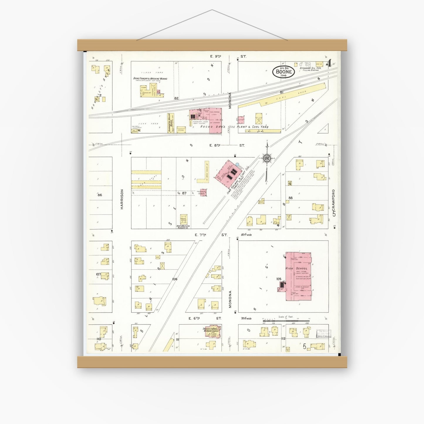 Old map wall art mockup — magnetic wood frame on white wall — Sanborn Fire Insurance Map from Boone, Boone County, Iowa (1916), Sheet #0004
