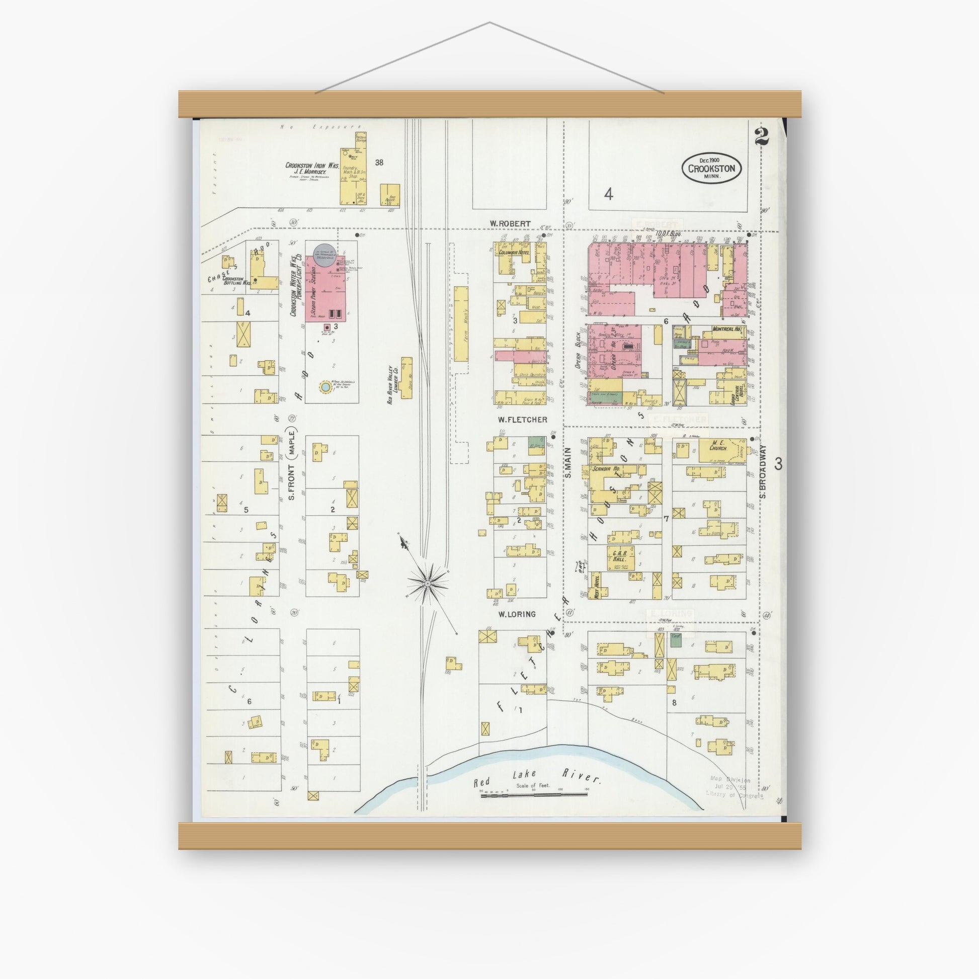 Old map wall art mockup — magnetic wood frame on white wall — Sanborn Fire Insurance Map from Crookston, Polk County, Minnesota (1900), Sheet #0002