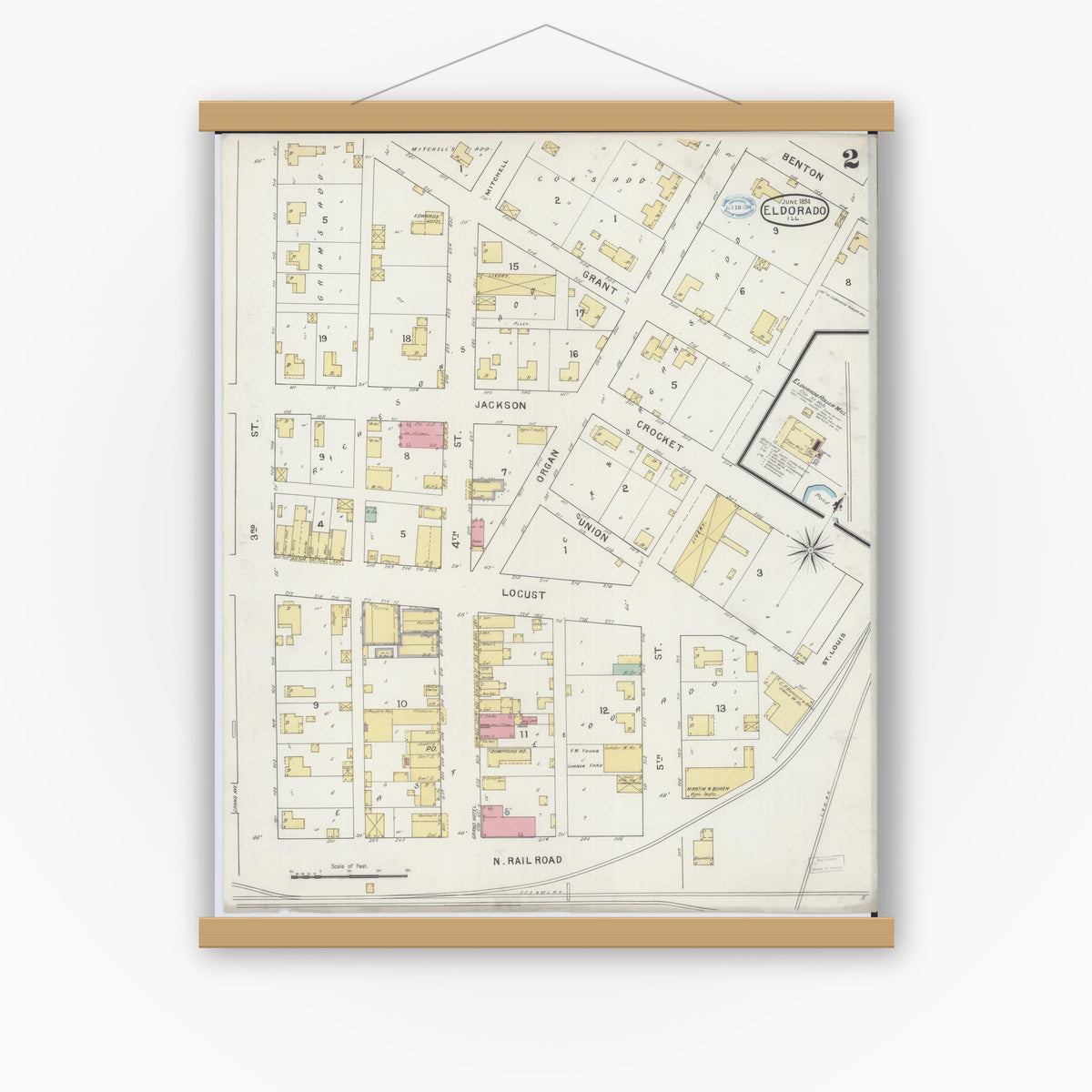 Old map wall art mockup — magnetic wood frame on white wall — Sanborn Fire Insurance Map from Eldorado, Saline County, Illinois (1894), Sheet #0002