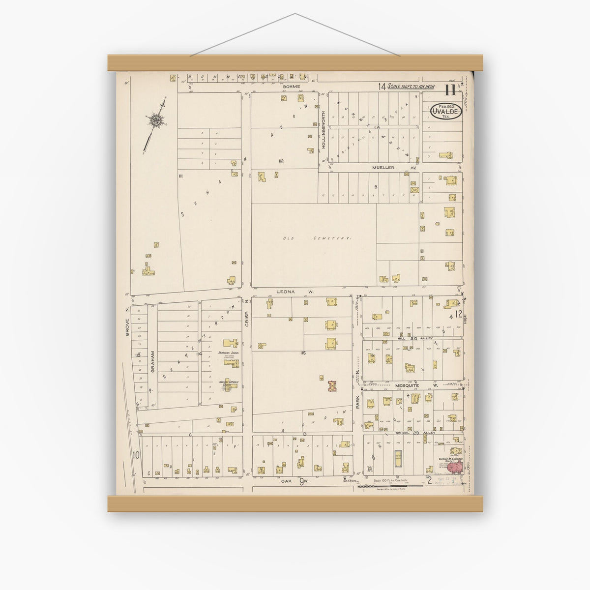 Old map wall art mockup — magnetic wood frame on white wall — Sanborn Fire Insurance Map from Uvalde, Uvalde County, Texas (1922), Sheet #0011