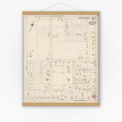Old map wall art mockup — magnetic wood frame on white wall — Sanborn Fire Insurance Map from Uvalde, Uvalde County, Texas (1922), Sheet #0011