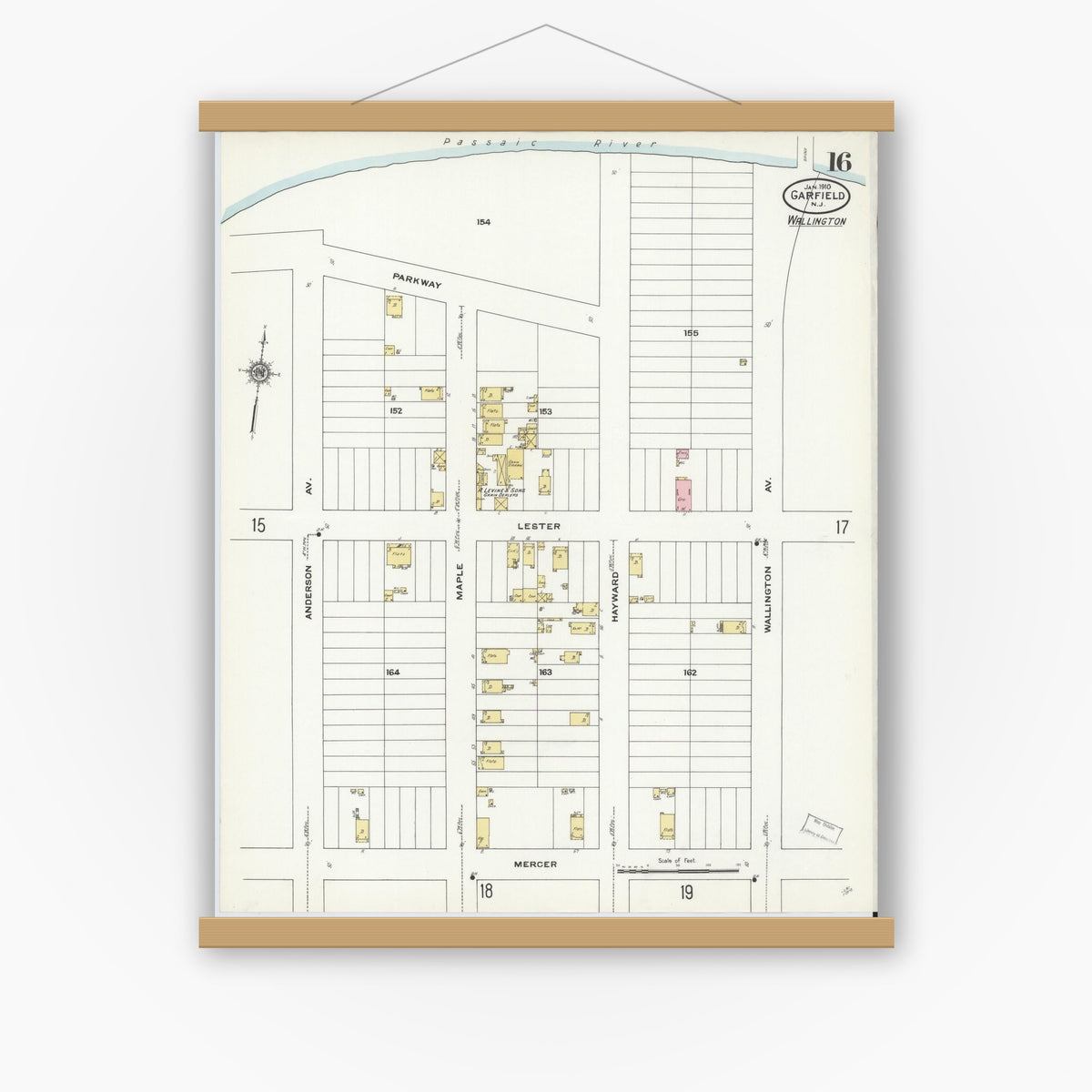 Old map wall art mockup — magnetic wood frame on white wall — Sanborn Fire Insurance Map from Garfield, Bergen County, New Jersey (1910), Sheet #0016