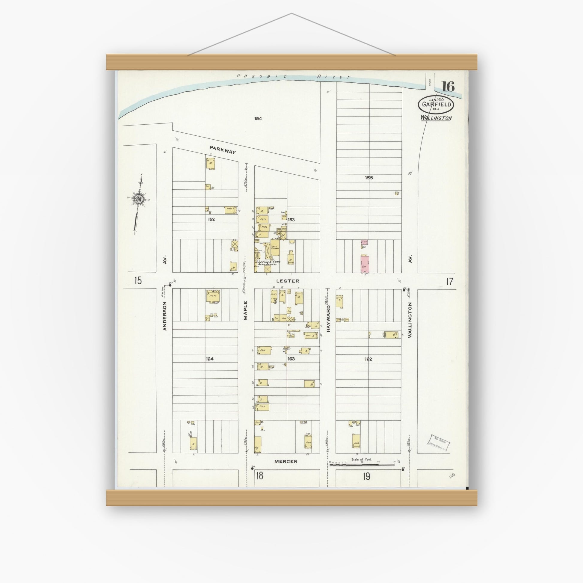 Old map wall art mockup — magnetic wood frame on white wall — Sanborn Fire Insurance Map from Garfield, Bergen County, New Jersey (1910), Sheet #0016