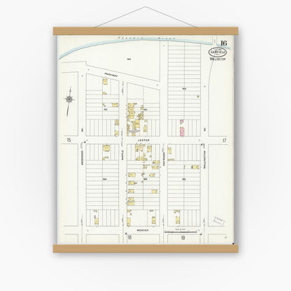 Old map wall art mockup — magnetic wood frame on white wall — Sanborn Fire Insurance Map from Garfield, Bergen County, New Jersey (1910), Sheet #0016