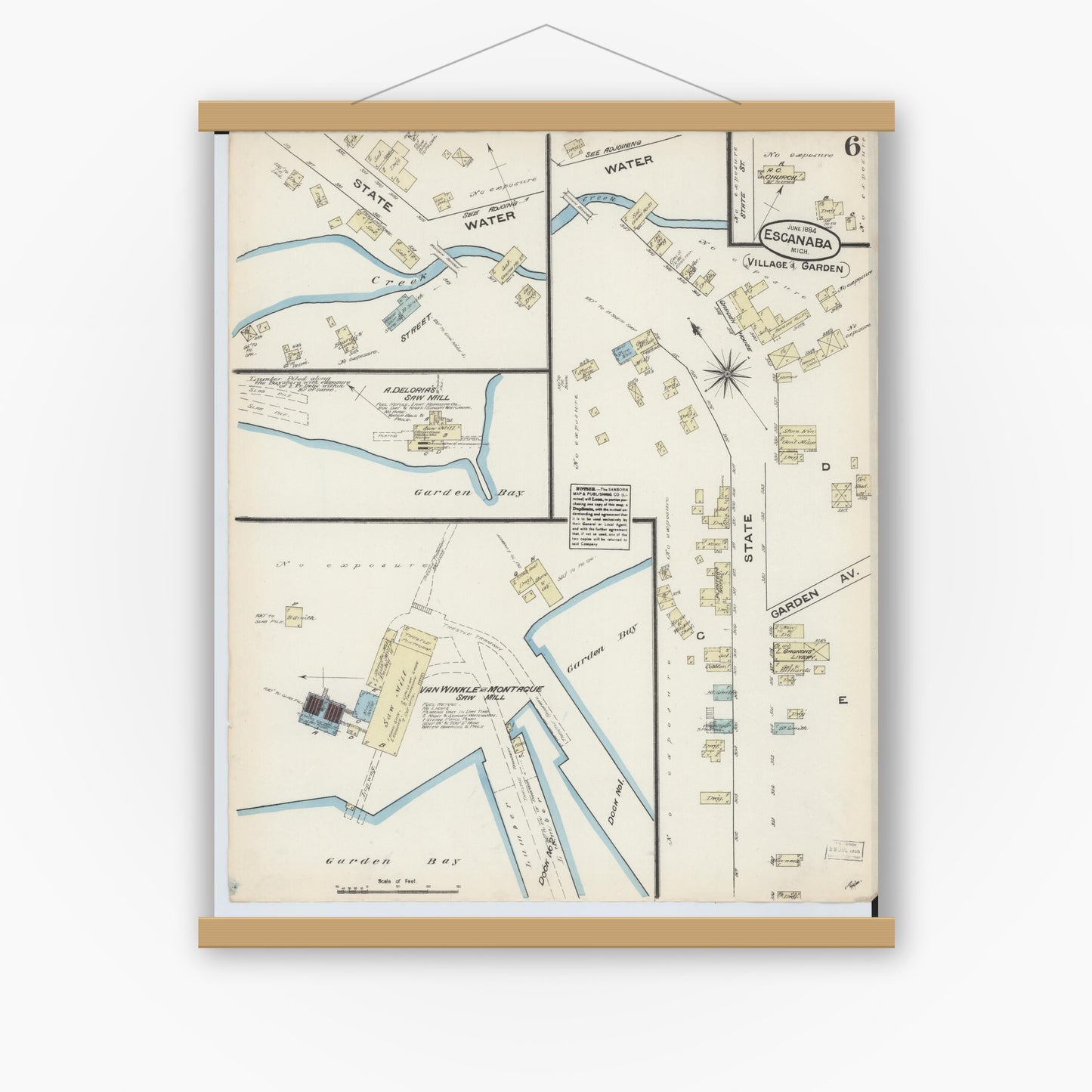 Old map wall art mockup — magnetic wood frame on white wall — Sanborn Fire Insurance Map from Escanaba, Delta County, Michigan (1884), Sheet #0006