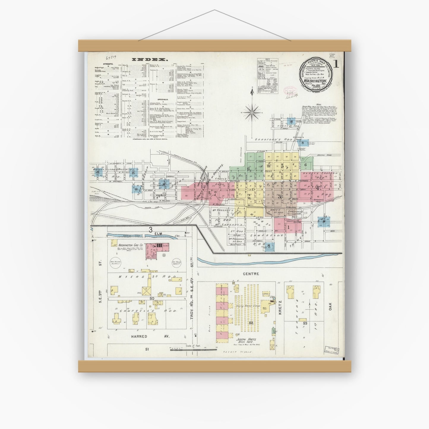 Old map wall art mockup — magnetic wood frame on white wall — Sanborn Fire Insurance Map from Washington, Daviess County, Indiana (1896), Sheet #0001