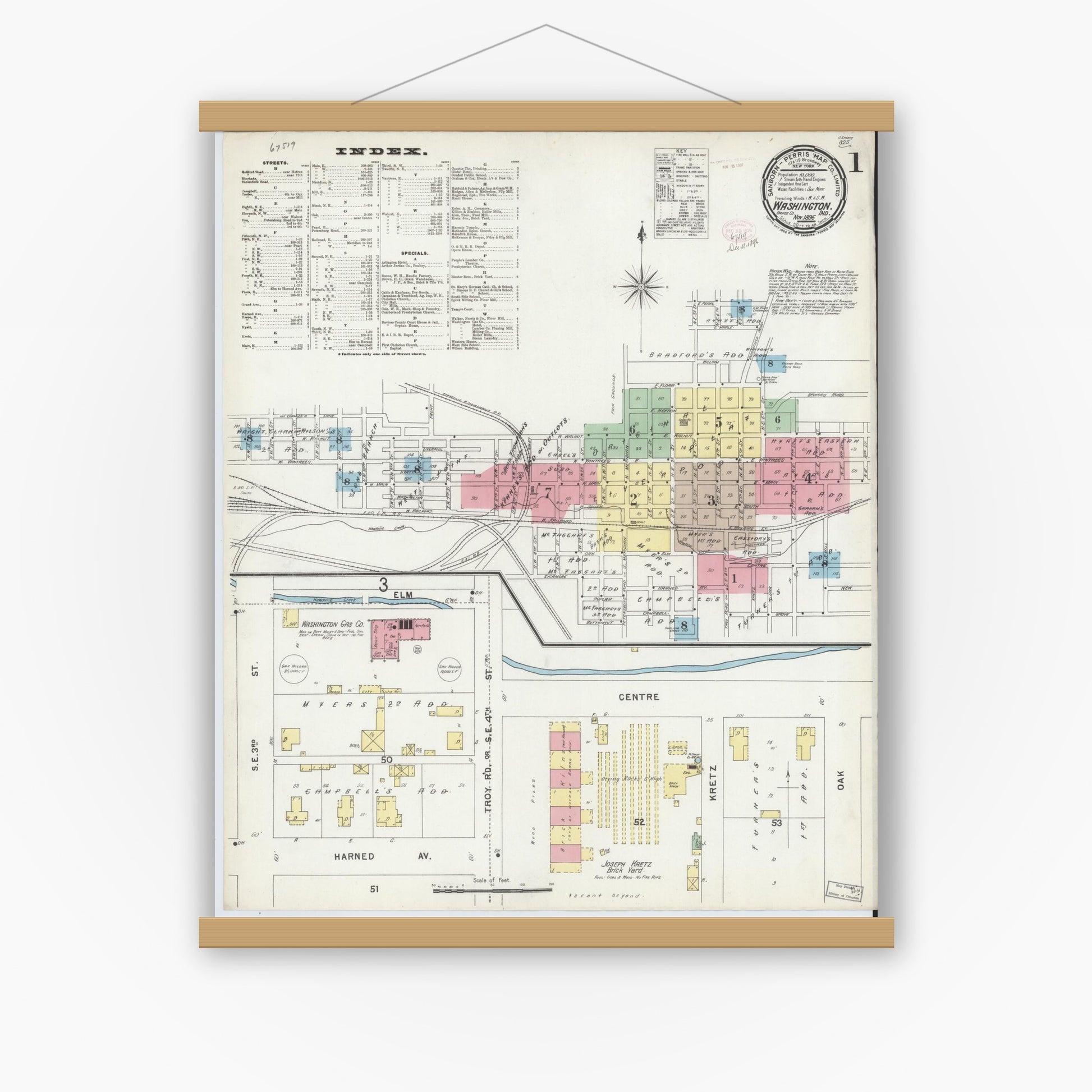 Old map wall art mockup — magnetic wood frame on white wall — Sanborn Fire Insurance Map from Washington, Daviess County, Indiana (1896), Sheet #0001