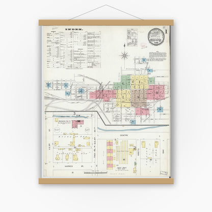 Old map wall art mockup — magnetic wood frame on white wall — Sanborn Fire Insurance Map from Washington, Daviess County, Indiana (1896), Sheet #0001