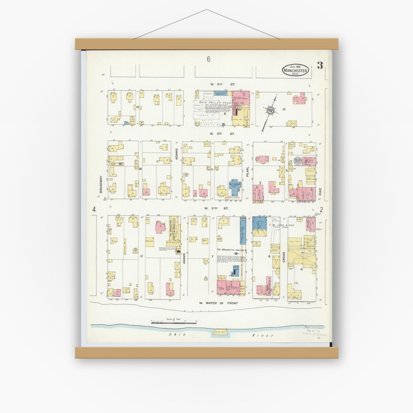 Old map wall art mockup — magnetic wood frame on white wall — Sanborn Fire Insurance Map from Manchester, Adams County, Ohio (1912), Sheet #0003