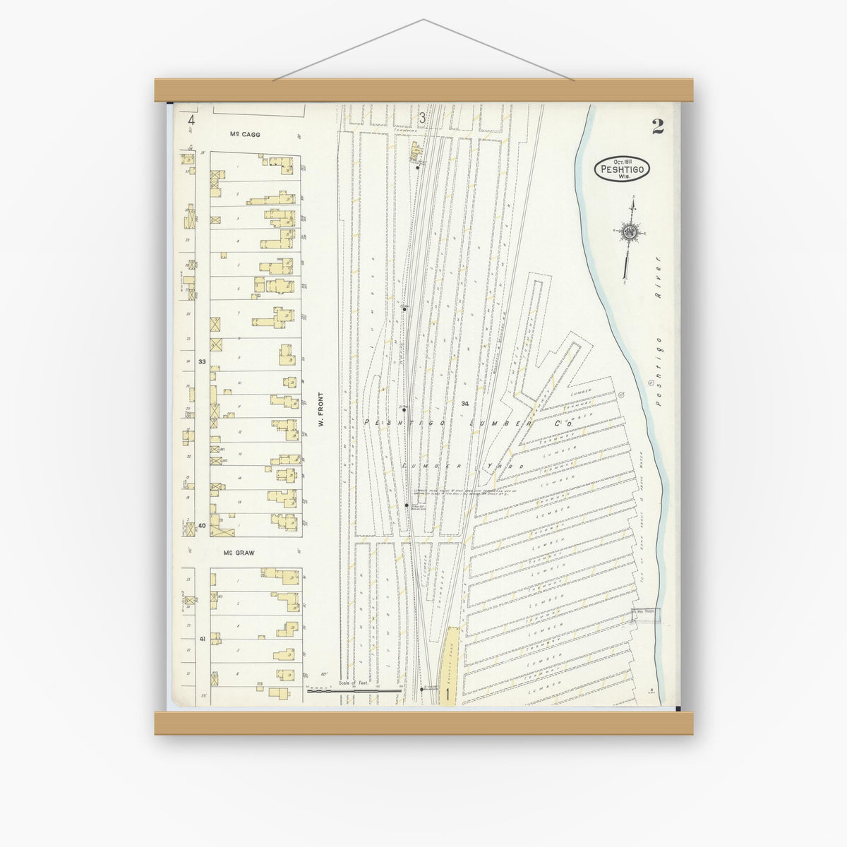 Old map wall art mockup — magnetic wood frame on white wall — Sanborn Fire Insurance Map from Peshtigo, Marinette County, Wisconsin (1911), Sheet #0002