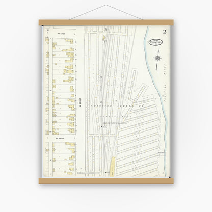 Old map wall art mockup — magnetic wood frame on white wall — Sanborn Fire Insurance Map from Peshtigo, Marinette County, Wisconsin (1911), Sheet #0002