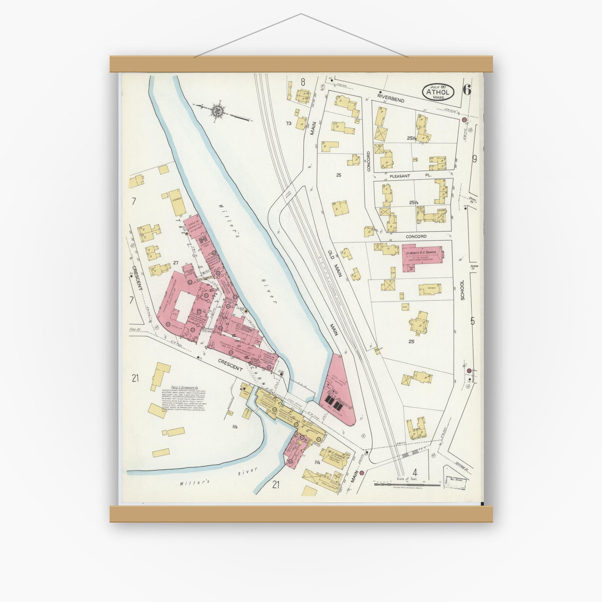 Old map wall art mockup — magnetic wood frame on white wall — Sanborn Fire Insurance Map from Athol, Worcester County, Massachusetts (1917), Sheet #0006