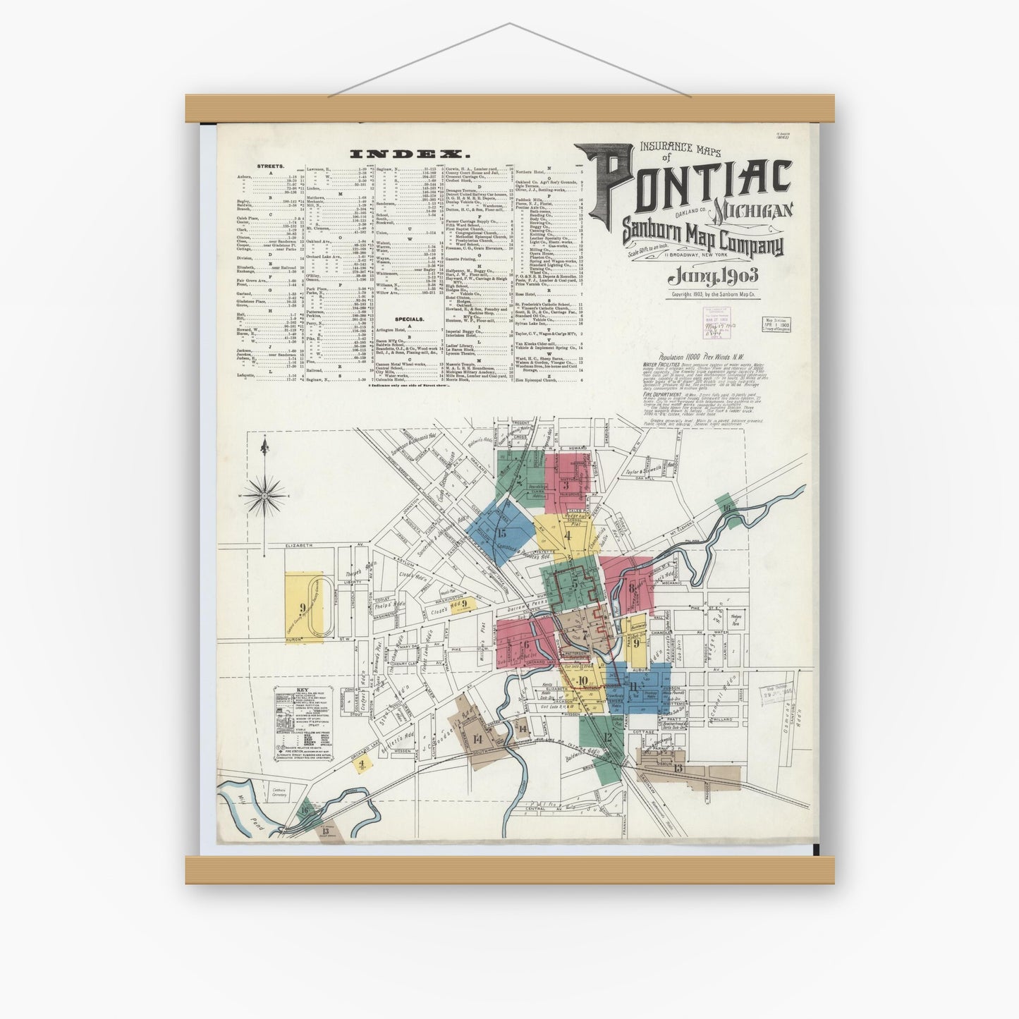 Old map wall art mockup — magnetic wood frame on white wall — Sanborn Fire Insurance Map from Pontiac, Oakland County, Michigan (1903) - Complete Map Set