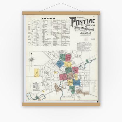 Old map wall art mockup — magnetic wood frame on white wall — Sanborn Fire Insurance Map from Pontiac, Oakland County, Michigan (1903) - Complete Map Set