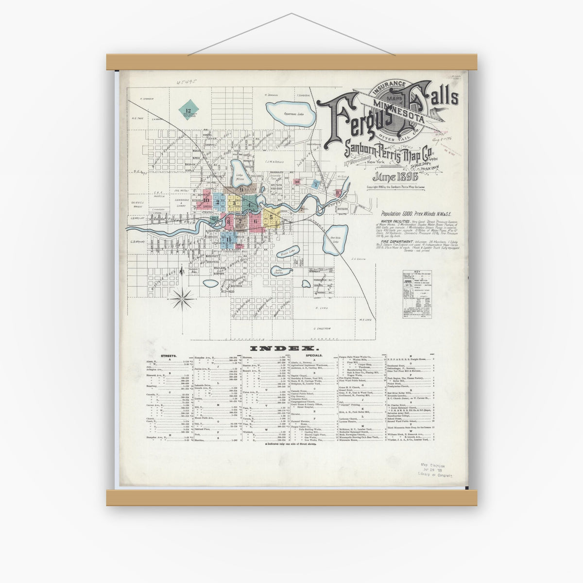 Old map wall art mockup — magnetic wood frame on white wall — Sanborn Fire Insurance Map from Fergus Falls, Otter Tail County, Minnesota (1896) - Complete Map Set
