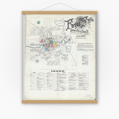 Old map wall art mockup — magnetic wood frame on white wall — Sanborn Fire Insurance Map from Fergus Falls, Otter Tail County, Minnesota (1896) - Complete Map Set