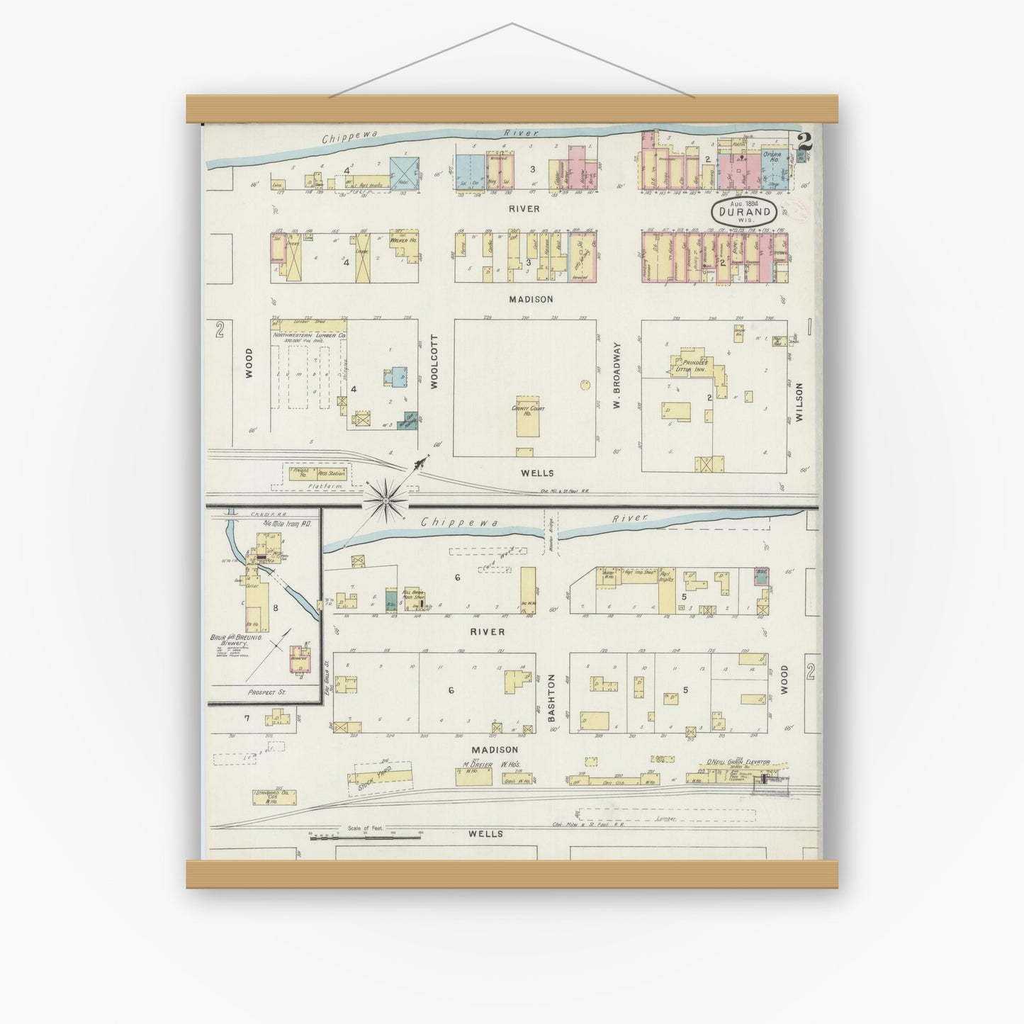 Old map wall art mockup — magnetic wood frame on white wall — Sanborn Fire Insurance Map from Durand, Pepin County, Wisconsin (1894), Sheet #0002