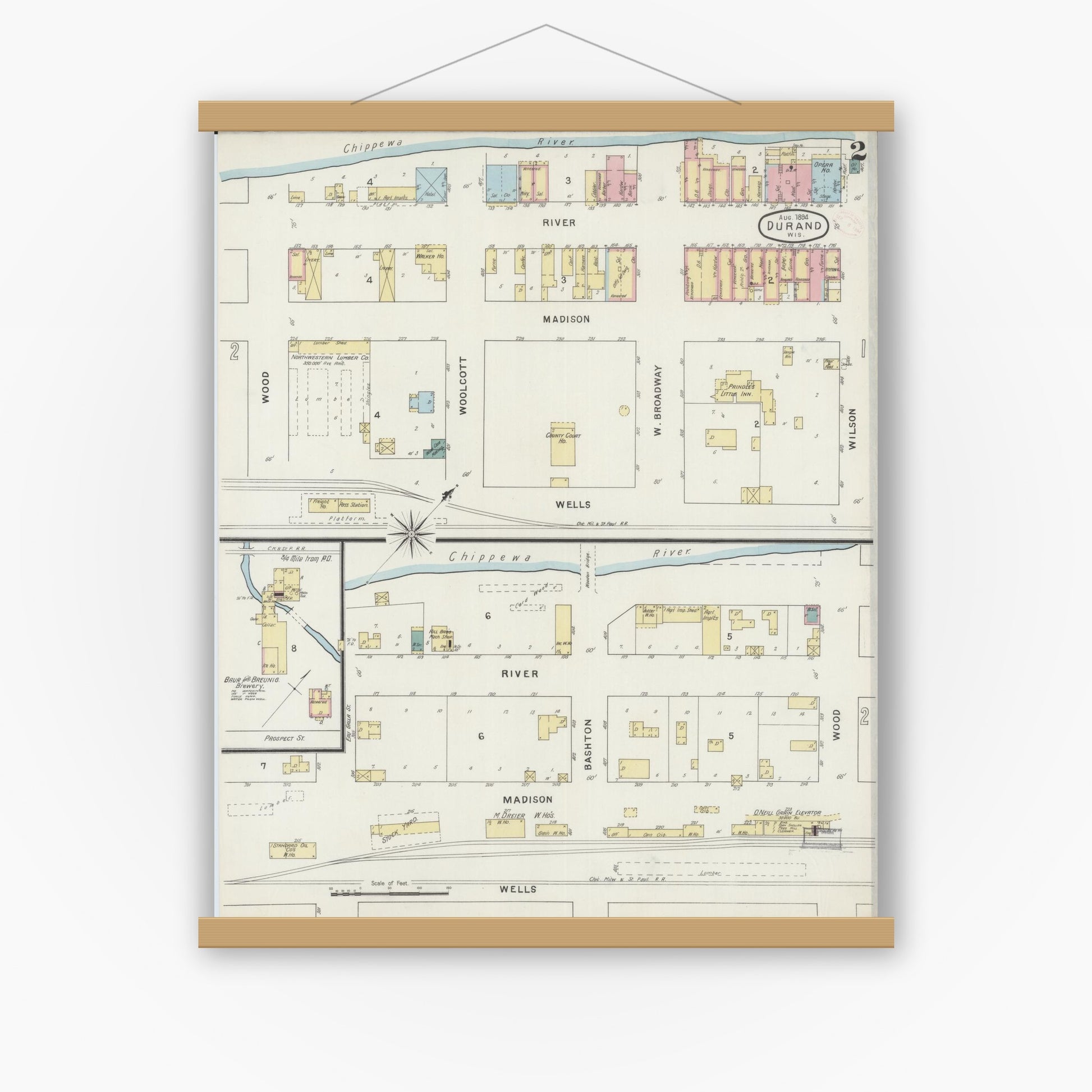 Old map wall art mockup — magnetic wood frame on white wall — Sanborn Fire Insurance Map from Durand, Pepin County, Wisconsin (1894), Sheet #0002