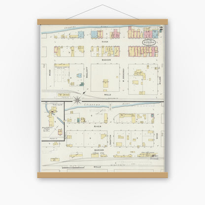 Old map wall art mockup — magnetic wood frame on white wall — Sanborn Fire Insurance Map from Durand, Pepin County, Wisconsin (1894), Sheet #0002