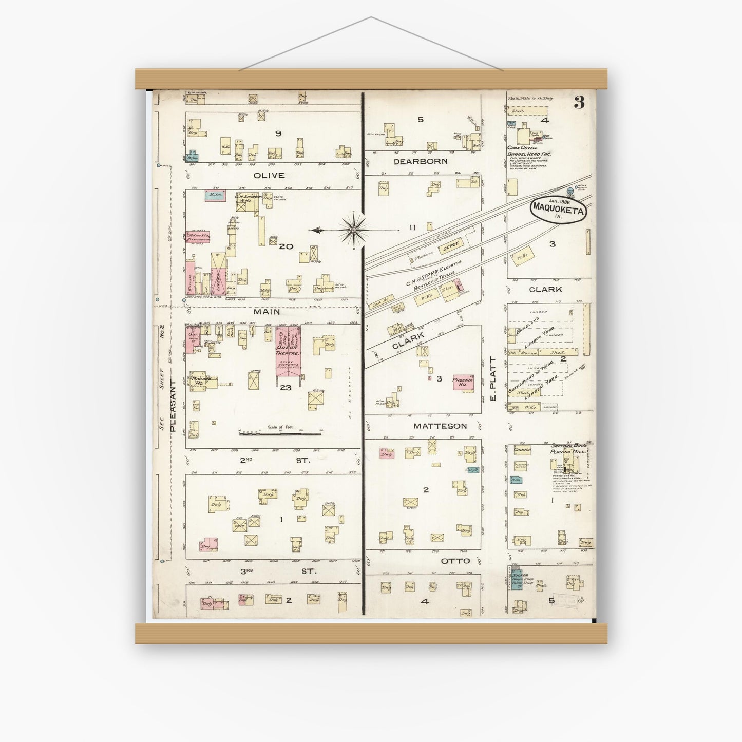 Old map wall art mockup — magnetic wood frame on white wall — Sanborn Fire Insurance Map from Maquoketa, Jackson County, Iowa (1886), Sheet #0003