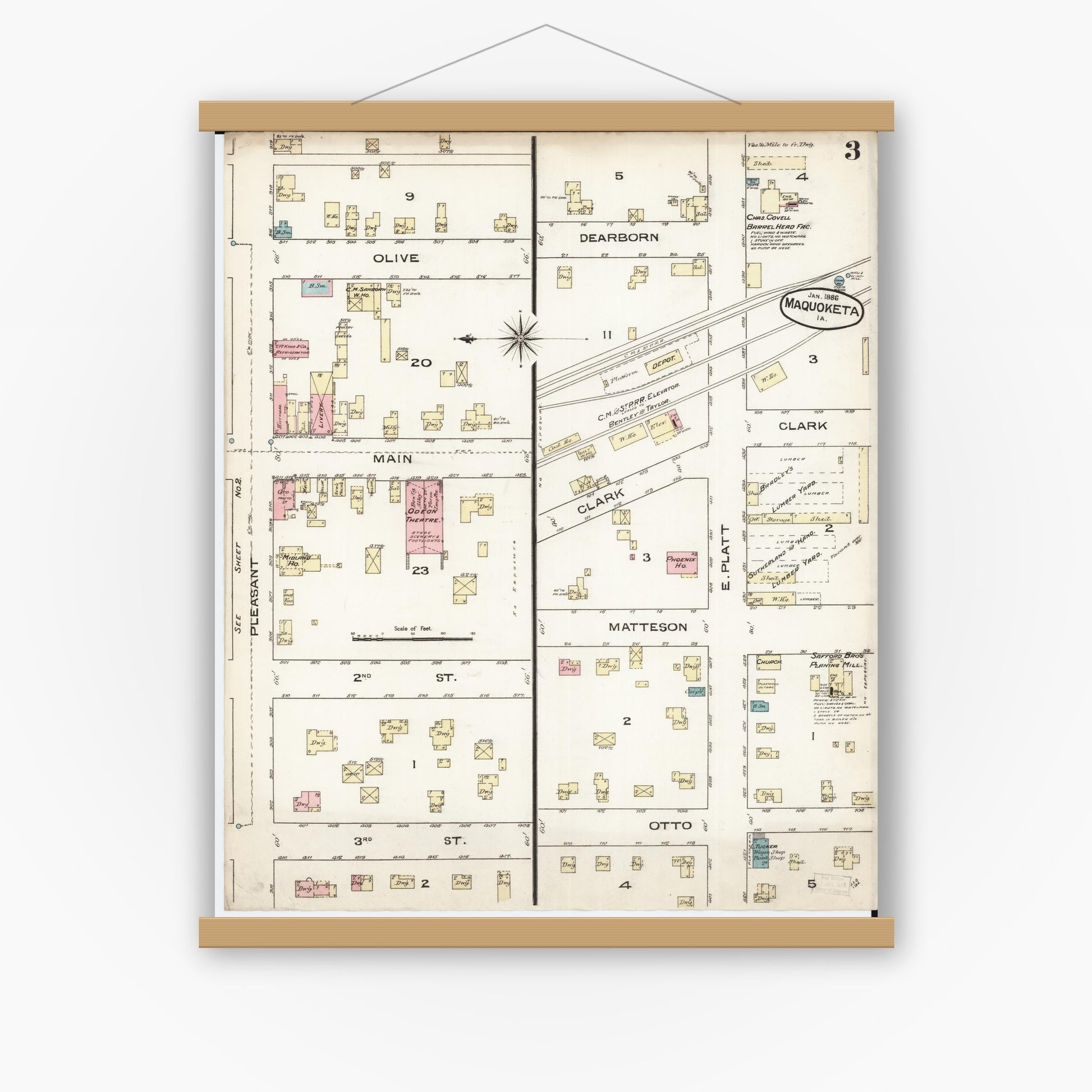 Old map wall art mockup — magnetic wood frame on white wall — Sanborn Fire Insurance Map from Maquoketa, Jackson County, Iowa (1886), Sheet #0003