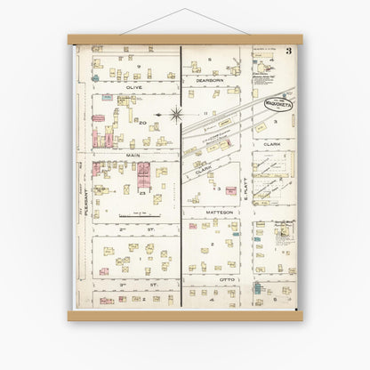 Old map wall art mockup — magnetic wood frame on white wall — Sanborn Fire Insurance Map from Maquoketa, Jackson County, Iowa (1886), Sheet #0003