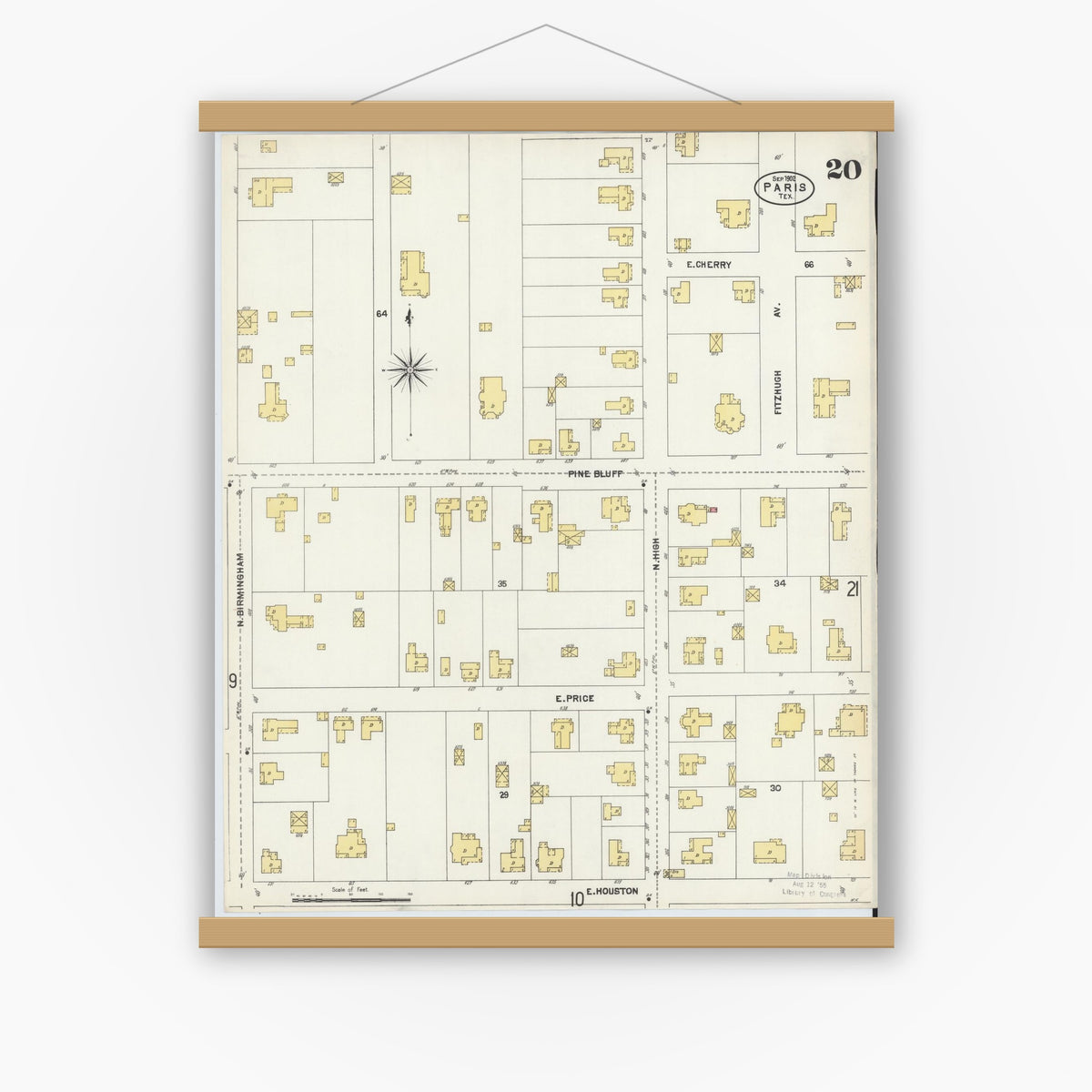 Old map wall art mockup — magnetic wood frame on white wall — Sanborn Fire Insurance Map from Paris, Lamar County, Texas (1902), Sheet #0020