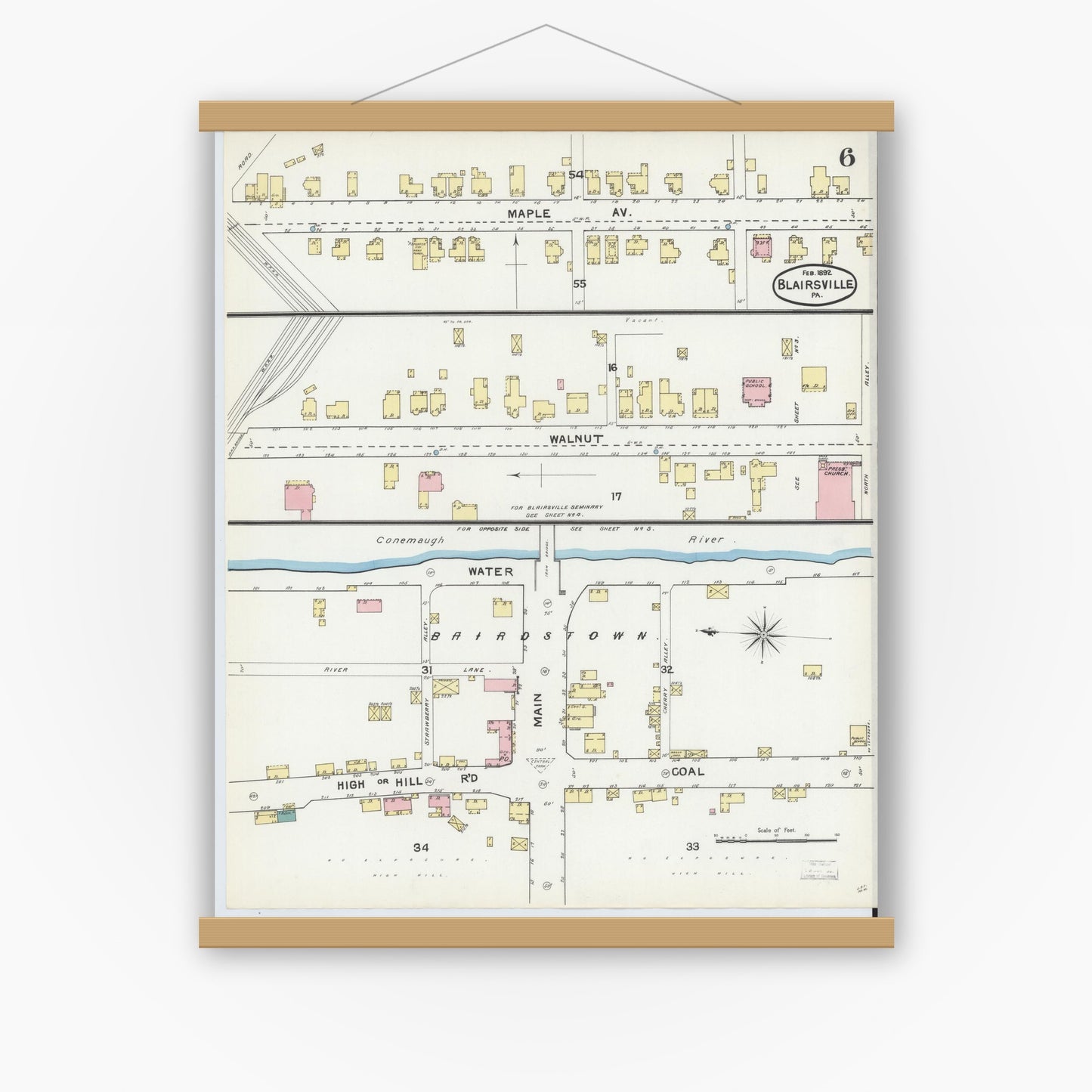Old map wall art mockup — magnetic wood frame on white wall — Sanborn Fire Insurance Map from Blairsville, Indiana County, Pennsylvania (1892), Sheet #0006