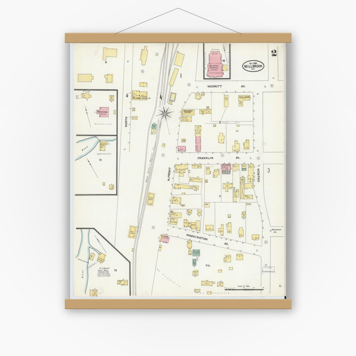 Old map wall art mockup — magnetic wood frame on white wall — Sanborn Fire Insurance Map from Millbrook, Dutchess County, New York (1905), Sheet #0002