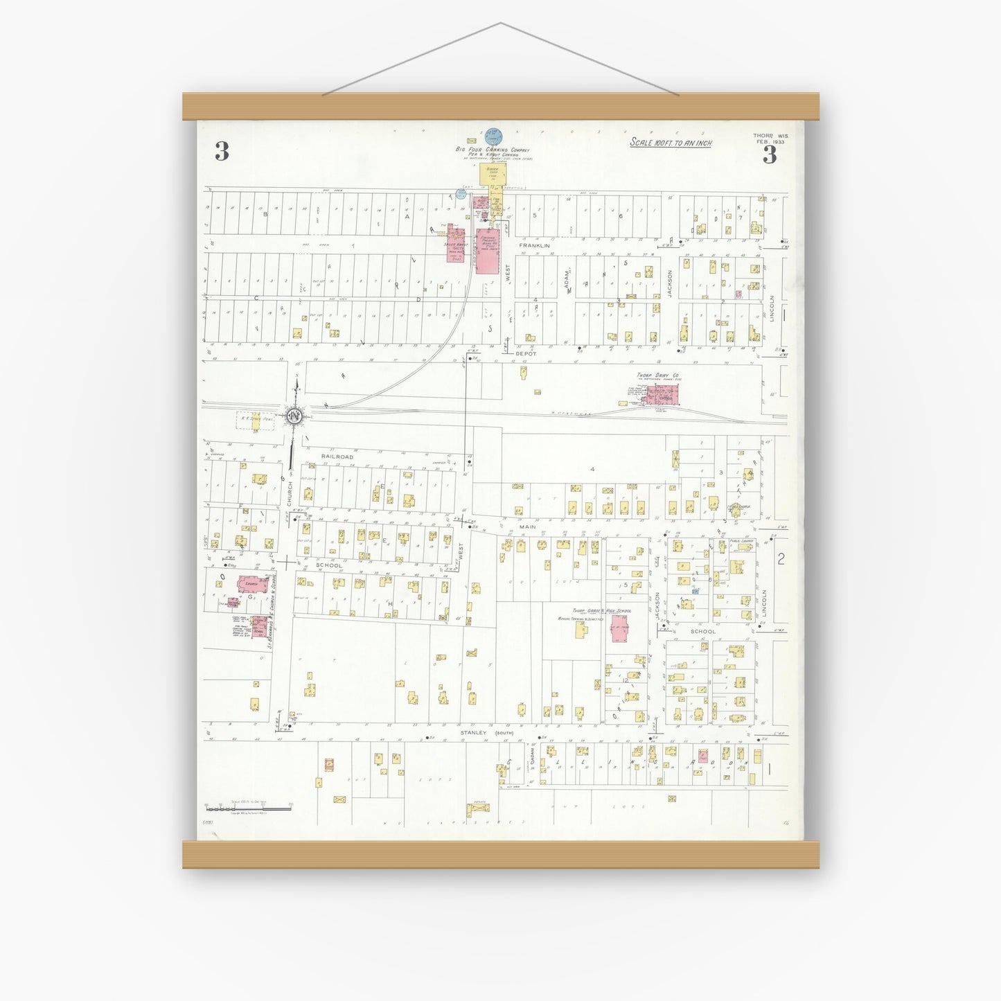 Old map wall art mockup — magnetic wood frame on white wall — Sanborn Fire Insurance Map from Thorpe, Clark County, Wisconsin (1933), Sheet #0003