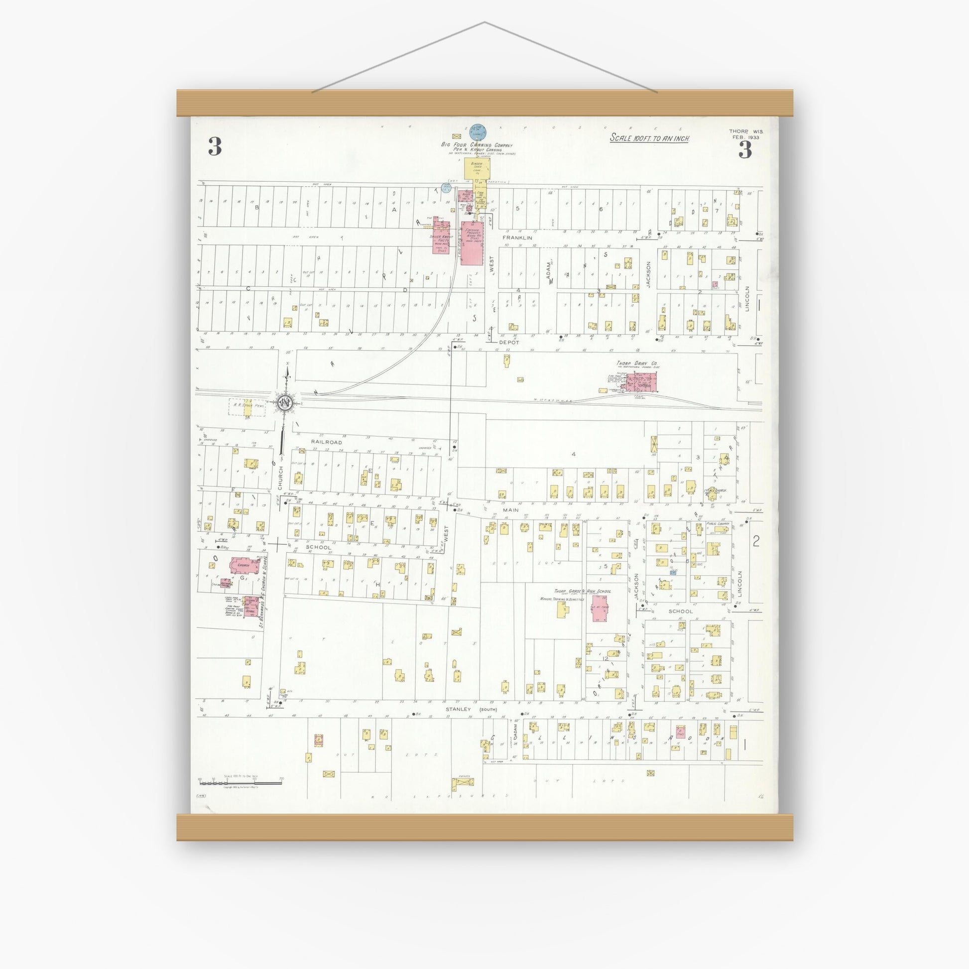 Old map wall art mockup — magnetic wood frame on white wall — Sanborn Fire Insurance Map from Thorpe, Clark County, Wisconsin (1933), Sheet #0003