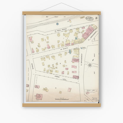 Old map wall art mockup — magnetic wood frame on white wall — Sanborn Fire Insurance Map from Geneva, Ashtabula County, Ohio (1885), Sheet #0003