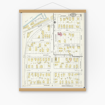 Old map wall art mockup — magnetic wood frame on white wall — Sanborn Fire Insurance Map from South Haven, Van Buren County, Michigan (1916), Sheet #0002