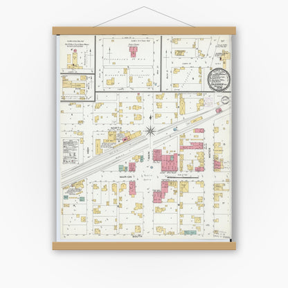 Old map wall art mockup — magnetic wood frame on white wall — Sanborn Fire Insurance Map from Caledonia, Marion County, Ohio (1901), Sheet #0001