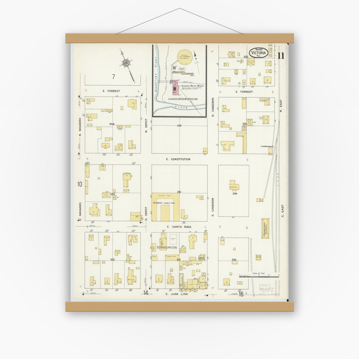 Old map wall art mockup — magnetic wood frame on white wall — Sanborn Fire Insurance Map from Victoria, Victoria County, Texas (1912), Sheet #0011