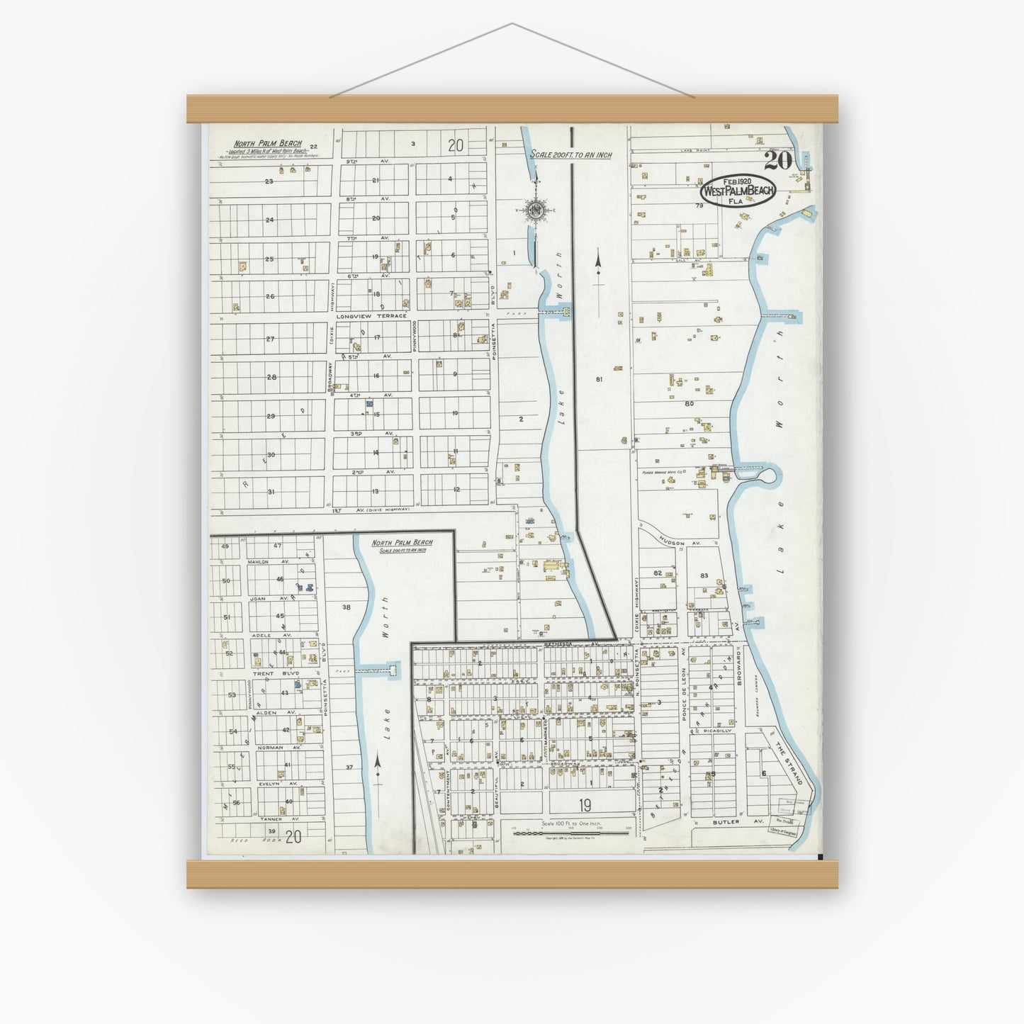 Old map wall art mockup — magnetic wood frame on white wall — Sanborn Fire Insurance Map from West Palm Beach, Dade County, Florida (1920), Sheet #0020