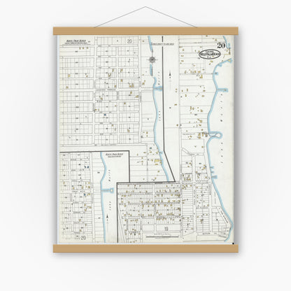 Old map wall art mockup — magnetic wood frame on white wall — Sanborn Fire Insurance Map from West Palm Beach, Dade County, Florida (1920), Sheet #0020