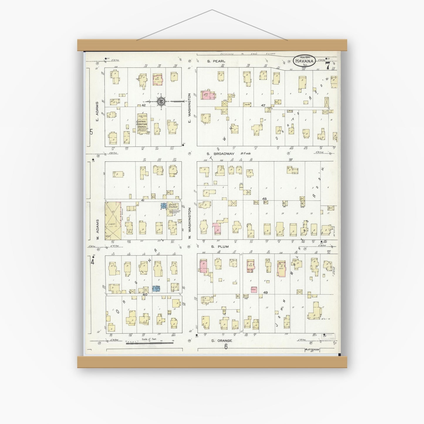 Old map wall art mockup — magnetic wood frame on white wall — Sanborn Fire Insurance Map from Havana, Mason County, Illinois (1914), Sheet #0007