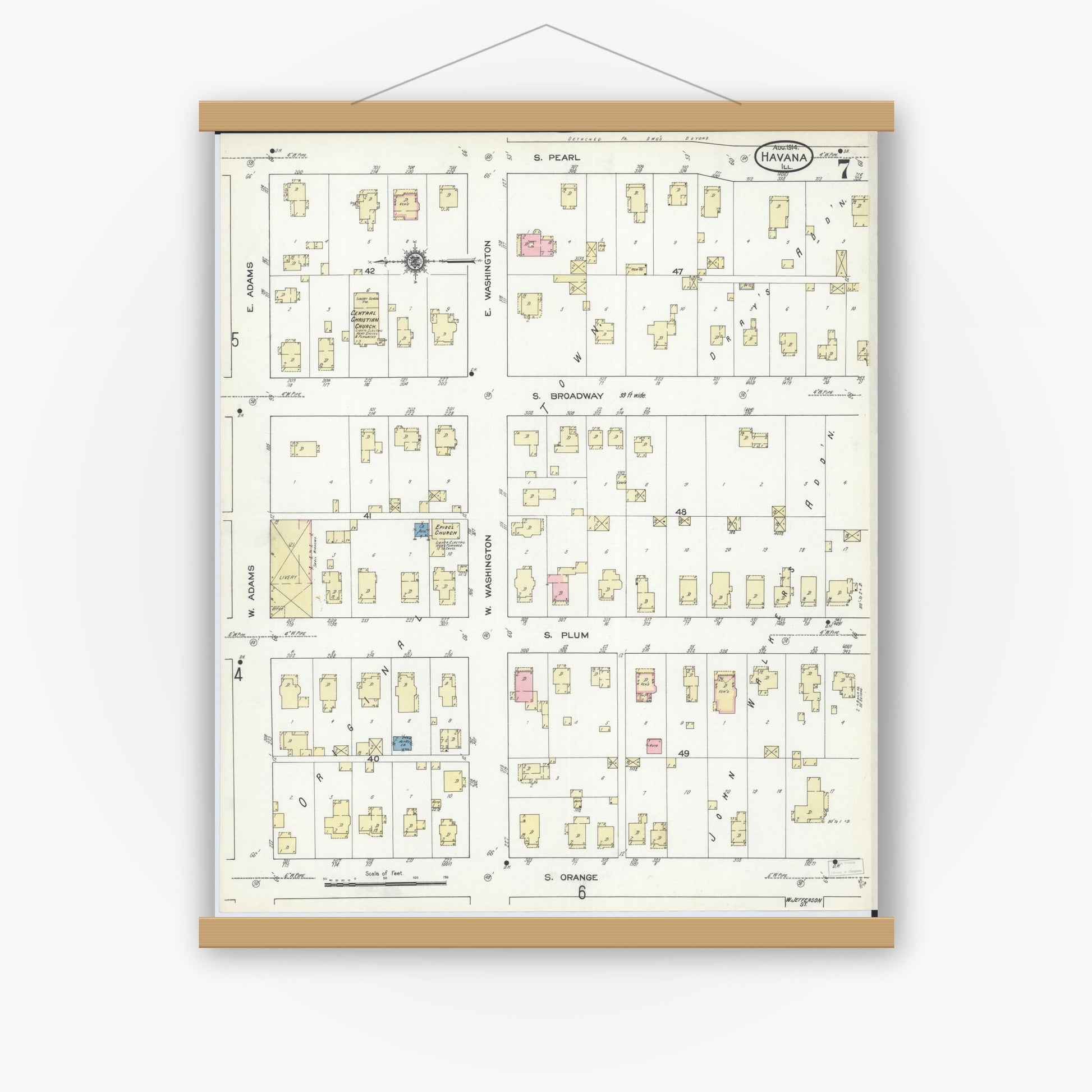 Old map wall art mockup — magnetic wood frame on white wall — Sanborn Fire Insurance Map from Havana, Mason County, Illinois (1914), Sheet #0007