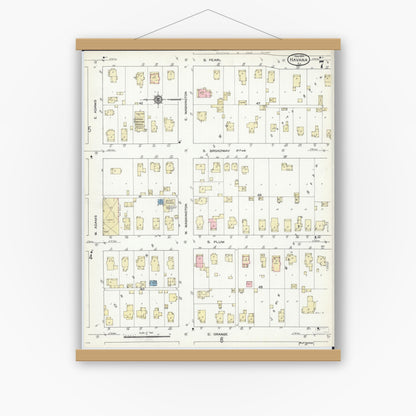 Old map wall art mockup — magnetic wood frame on white wall — Sanborn Fire Insurance Map from Havana, Mason County, Illinois (1914), Sheet #0007