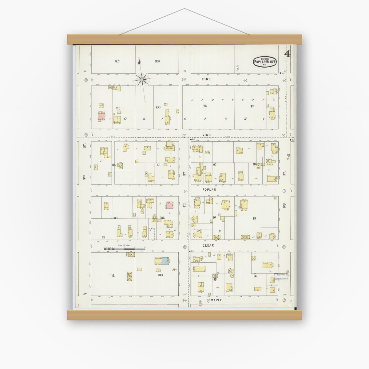 Old map wall art mockup — magnetic wood frame on white wall — Sanborn Fire Insurance Map from Poplar Bluff, Butler County, Missouri (1895), Sheet #0004